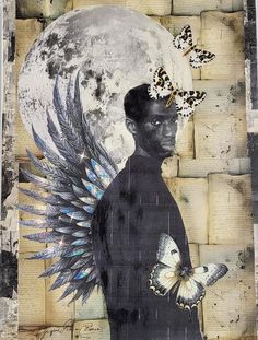 a painting of a man with wings and a butterfly on his head, standing in front of a brick wall