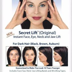 Instant Face And Neck Lift (Dark Hair) Guaranteed To Make You Look 10 Years Younger! No Surgery, No Chemical Peels, No Miracle Creams, No Gimmicks! Try This Simple Self-Test: Looking In A Mirror, Place Index Fingers In Front Of Your Ears, And Thumbs At The End Of Your Jaw, Then Push Skin Upward And Back. Do You Like What You See? That Is What Instant Face And Neck Lift Will Do For You. Cosmetic Surgery Results Without The Pain And Expense. Instant Face And Neck Lift Is Simple To Use, And You Wil Looking In A Mirror, Sephora Face Mask, Face Lift Tape, Hair Stripes, Eliminate Wrinkles, Neck Lift, Face Jewels, Eye Lift, Face Mask Set