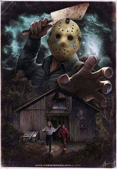 a painting of a person holding a knife in front of a house with a scary mask on it