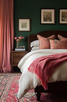 a bedroom with green walls, pink curtains and a bed in the middle is shown