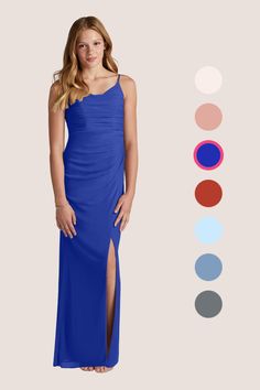 a woman in a long blue dress standing next to different color swatches and colors