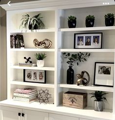 a white book shelf filled with lots of books and potted plants on top of it