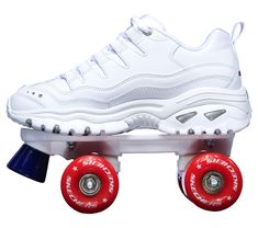 a pair of white shoes with red wheels on a skateboard against a white background