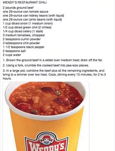 the menu for wendy's chili soup is shown