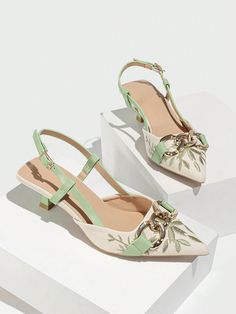 Green Fashionable Collar   Plants Slingbacks Embellished   Women Shoes Summer Floral Embroidered Heels, White Embroidered Summer Heels, High Heel Floral Embroidery Sandals For Summer, High Heel Floral Embroidered Sandals For Summer, High Heel Sandals With Floral Embroidery For Summer, Spring Party Heels With Embroidery, Elegant Summer Heels With Embroidery, Floral Embroidered High Heels For Summer, Elegant Embroidered Summer Heels