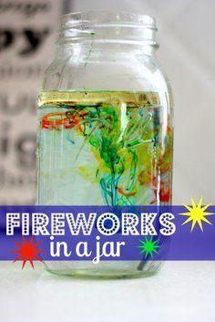 there is a jar filled with water and other things to make it look like fireworks in a jar