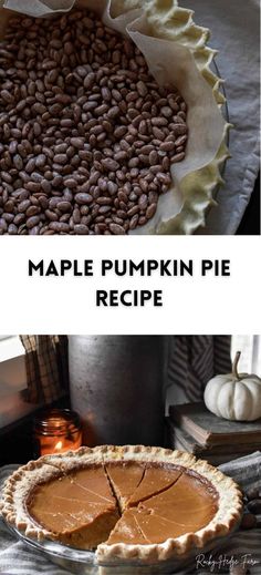 a pie sitting on top of a table next to a plate filled with pumpkin pie