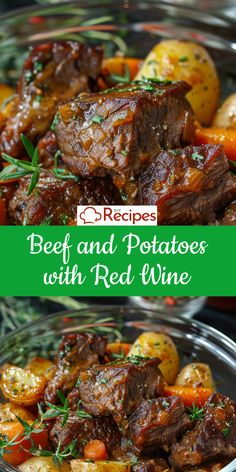 beef and potatoes with red wine in a bowl