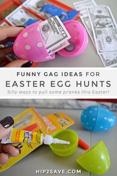 an easter egg hunt with dollar bills and eggs in it, on top of a table