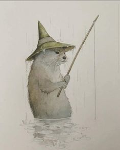 a drawing of a rat in the rain holding a stick and wearing a witches hat