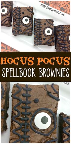 halloween brownies with googly eyes on them and the words hocus pocuss spellbook brownies