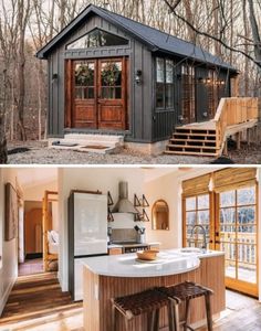 two pictures side by side one has a kitchen and the other has an outside bar