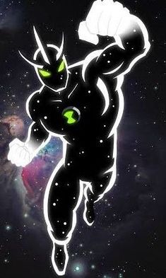 a black cat with green eyes running through space