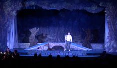 a man standing on top of a stage in front of a forest filled with trees