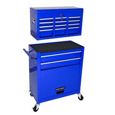 two blue tool chests on wheels with black top