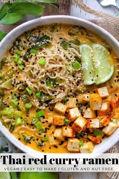 thai red curry ramen in a white bowl