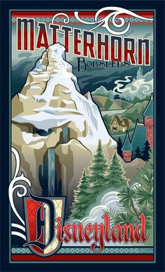 a poster for disneyland's waterpark with mountains, trees and houses in the background