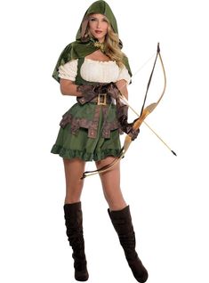 a woman dressed in costume holding a bow and arrow