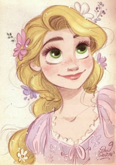 a drawing of a girl with green eyes and blonde hair, wearing a pink dress