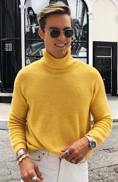 10 Bold and Vibrant Colors For Men To Try Now Yellow Turtleneck Outfit Men, Men Bright Outfits, Mens Bright Color Outfits, Vibrant Mens Fashion, Bright Colors Mens Fashion, Color Blocking Outfits Men, Colourful Outfits Men