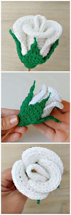 crocheted white and green flower is shown in three different views, including the petals