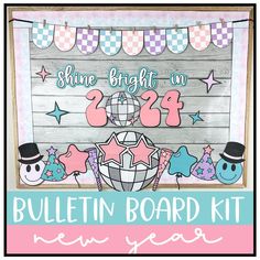 the bulletin board kit for new year's eve is shown in pink, blue and white