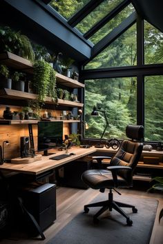 Office In The Woods, Rustic Study Room Ideas, Rustic Office Desk Ideas, Nature Home Office, Woodsy Office Decor, Software Engineer Home Office, Bedroom Ideas For Gamers, Rustic Office Ideas, Tech Home Office