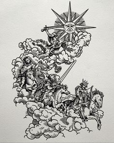 an ink drawing of the sun above clouds with horses and people riding on horsebacks