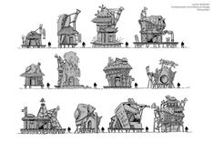 several different types of houses and structures drawn in ink on paper, each with an individual's own drawing