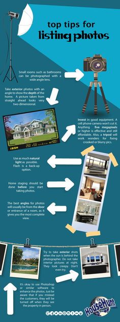 the top tips for listing photos in real estate agent's office infographical