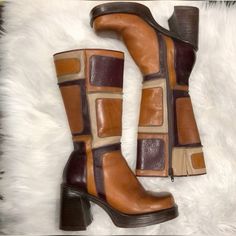 patchwork brown boots heels platforms beige chocolate Brown Gogo Boots Outfit, Platform Boots Brown, Brown Patch Boots, Brown Gogo Boots, Fitted Brown Platform Boots, Retro Brown Leather Platform Boots, Brown 70s Boots, Gogo Boots Outfit, Vintage Brown Platform Boots