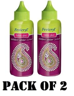 two bottles of ferify fabric glues with the words, pack of 2