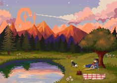 a pixel art scene with people sitting on the grass near a lake and mountains in the background