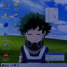 an anime character is looking at the screen on his computer monitor while wearing a gas mask