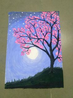 a painting of a tree with pink flowers in the night sky and stars on it