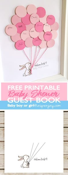 a baby shower guest book with pink balloons on it and the words free printable