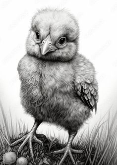 a black and white drawing of a baby bird sitting on top of some grass with eggs