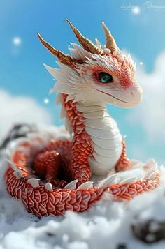 a red and white dragon figurine sitting in the snow with its eyes open