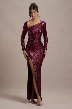 Remarkable Burgundy Sequin Long-Sleeved Twisted Maxi Dress – Club L London - USA Black Tie Party, Leg Split, Black Dress Prom, Black Tie Gala, Strappy Stilettos, Asymmetric Neckline, Party Dress Long Sleeve, Christmas Party Dress, Bridesmaid Outfit