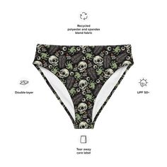 Step into chilling summer style with Goth Cloth Co.'s Gothic Zombie Bikini Bottom. Featuring a spooky pattern of skulls, coffins, zombie hands, and eyeballs, these bottoms blend gothic elegance and apocalyptic flair, making them ideal for all your beach and poolside escapades. Key Features: Recycled polyester fabric: Made from 88% recycled polyester and 12% elastane in the EU, or 81% REPREVE recycled polyester and 19% LYCRA XTRALIFE in MX, providing a soft, stretchy fit. Double-layered design: Offering secure comfort for various body types. Zig-zag stitching: For added style and longevity. Tear-away care label: Making it easy to remove tags. Mix-and-match versatility: Pair with different bikini tops for a variety of looks. UPF 50+: Maximum sun protective rating achievable for fabrics. Thes Gothic Fitted Bottoms With Skull Print, Fitted Gothic Bottoms With Skull Print, Fitted Halloween Bottoms With Skull Print, Spooky Pattern, Zombie Hands, Dark Summer, Gothic Elegance, Zombie Hand, Recycled Polyester Fabric