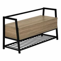 a wooden bench with black metal frame and wood grained finish on the bottom shelf