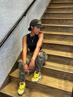 Olive Green Streetwear Outfit, Ptso Summer Outfits, Black And Yellow Thunder 4s Outfit, Gray Jeans Outfit Black Woman, Lighting 4s Outfit, Yellow Outfit Black Women, 4s Outfit Women, Jordan 4s Outfit Women, Heels Summer Outfit