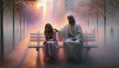 a painting of jesus and a woman sitting on a park bench in the sun setting