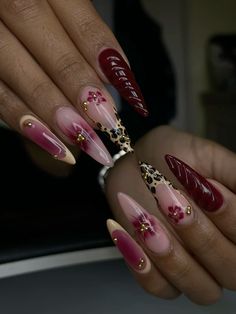 Red And Gold Nails, Cheetah Print Nails, Cheetah Nails, Leopard Print Nails, Girly Acrylic Nails, Print Nails, Acrylic Nails Coffin Pink, Soft Nails, Fire Nails