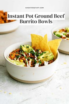 instant pot ground beef burrito bowls with tortilla chips and avocado