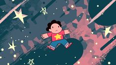 an illustration of a boy flying through the air with stars in the sky behind him