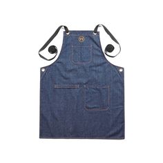 a denim apron with an adjustable neck strap and two pockets on the front, one pocket is