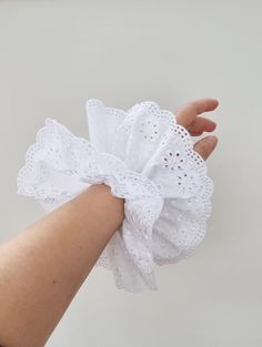 Large white broderie lace scrunchie  Big  hair Scrunchie with 2 layers broderie. Perfect hair accessory. Made from soft cotton broderie fabric.  Price per 1 item.  Diameter 7 inches ( 18 cm.) approx. Can be worn open on a bun (recommended), or wraps around the hair twice. Care: hand wash in cold water Handmade in UK instagram @dotty_mint On A Bun, Alice Headband, Summer Hair Accessories, Cotton Headband, Elastic Hair Ties, Hair Hoops, Pink Ruffle, Big Hair, Scrunchie Hairstyles