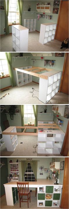 four different views of an office desk with drawers and shelves on each side, including the top