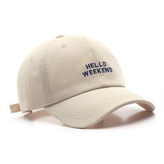 Are you looking for an embroidered cap ?

 Don't wait any longer, the patterned cap you need is on our website!

 Come and find our Hello Weekend cap, an ideal headgear that will sit perfectly on your scalp. An embroidered cap with the most original patterns that will make many people jealous when they see your outfit. This patterned cap will protect you from the sun while keeping your own style. Here is a cap with a trendy pattern ideal for revealing your style to those around you. But also Trendy Beige Baseball Cap With Curved Brim, Trendy Beige Baseball Cap With Curved Visor, Beige Cap With Letter Print, Beige Snapback Hat With Letter Print, One Size Fits Most Hats With Letter Print Visor, Cotton Baseball Cap With Letter Print, One Size Fits Most Visor Hat With Letter Print, One Size Visor Hat With Letter Print, Embroidered Visor Baseball Cap For Streetwear